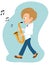 Boy walking and playing saxophone cartoon