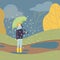 Boy Walking in Rain Under Umbrella, Teen Boy Standing on Autumn Season Background Vector Illustration