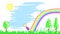 A boy walks through a meadow and steps on a rainbow.