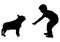 Boy wants to stroke dog bulldog silhouette, vector