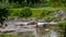 Boy washing motorcycle in river