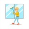 Boy Washing Windows With Squeegee Smiling Cartoon Kid Character Helping With Housekeeping And Doing House Cleanup