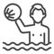 Boy in water with beach ball line icon, Aquapark concept, water games sign on white background, kid swimming in pool or