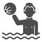 Boy in water with beach ball solid icon, Aquapark concept, water games sign on white background, kid swimming in pool or