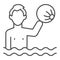 Boy in water with beach ball thin line icon, Aquapark concept, water games sign on white background, kid swimming in