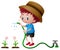 Boy watering plants with hose