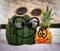 Boy Watermelon With Glasses And Girl Pineapple With Red Lips In Bed. Funny picture, couple having fun