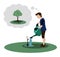 Boy waters sapling from watering can and thinks about how apple tree will grow