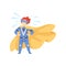 Boy Wearing Blue Superhero Costume Standing in Heroic Pose, Super Child Character in Mask and Golden Cape Vector