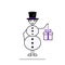 boy wearing christmas snowman costume holding gift box, black hat and snow balls, cute male character, flat vector