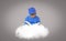 Boy wearing glasses wearing a blue hat, reading book on a cloud that floats in isolated gray background, imaginative concept for