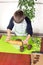 Boy wearing a kitchen apron rolling a brown dough with a wooden rolling pin on a silicone green pastry board. A child in the kitch