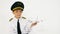 Boy wearing pilot`s uniform holds scale airliner moder