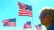 Boy Wearing Sunglasses Watching American Flags Wave In The Wind