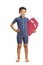 Boy in a wetsuit holding a swimming float board