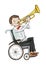 Boy in wheelchair playing trumpet. School lesson and educational concept.  Educational concept. Sketch