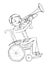 Boy in wheelchair playing trumpet. School lesson and educational concept. Sketch