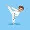 Boy In White Kimono Doing Leg Sidekick On Karate Martial Art Sports Training Cute Smiling Cartoon Character
