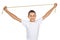 Boy in white T-shirt streching golden rope