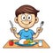 boy who is eating nutritious food with milk and fruit cartoon