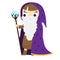 Boy in wizard costume holding magic rod with crystal ball. Halloween children series