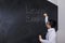 Boy writes text of Learn English on blackboard