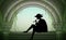 Boy or young man in hat sit near column and play trumpet, player romantic melody, scene, shadow,