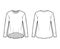 Boyfriend cotton-jersey T-shirt technical fashion illustration with classic crew neckline, long sleeves, high-low hem
