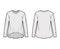 Boyfriend cotton-jersey T-shirt technical fashion illustration with classic crew neckline, long sleeves, high-low hem