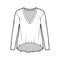 Boyfriend cotton-jersey T-shirt technical fashion illustration with plunging V-neckline, long sleeves, high-low hem