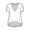 Boyfriend cotton-jersey T-shirt technical fashion illustration with plunging V-neckline, short sleeves, high-low hem