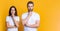 Boyfriend and girlfriend. Pondering couple of man and woman isolated on yellow. Family couple relationship. Millennial