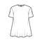 Boyfriend shirt technical fashion illustration with crew neckline, short sleeves, oversized, flare hem, zip fastening