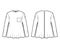 Boyfriend shirt technical fashion illustration with pocket, crew neck, long sleeves, oversized, flare hem, zip fastening