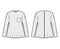 Boyfriend shirt technical fashion illustration with pocket, crew neck, long sleeves, oversized, flare hem, zip fastening