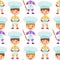 Boys bakers are holding a rolling pin and a tray with a dish. Baguette paper bag. Seamless pattern with children chefs.