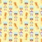 Boys bakers are holding a rolling pin and a tray with a dish. Baguette paper bag. Seamless pattern with children chefs.