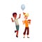 Boys at birthday party, black dancing, Caucasian holding gift, balloon