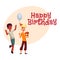 Boys at birthday party, black dancing, Caucasian holding gift, balloon