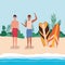 Boys cartoons with swimsuit at the beach with surfboards vector design