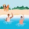 Boys cartoons with swimsuit in the sea in front of the beach with shrubs vector design