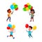 Boys Children Walking With Air Balloons Set Vector