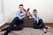 Boys with a Corgi puppy , on a white background