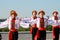 Boys dancing national Ukrainian dance in folk costumes, embroidered shirts, vyshyvanka. Patriot Ukraine Independence Day in Dnipro