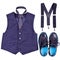 Boys dark blue vest with black tie, suspenders and modern shoes