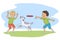 Boys and dog playing with flying disc cartoon