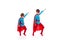 Boys is dressed up as a superhero and pointing up with a mask and cloak.