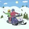 Boys driving snowmobile at low mountains landscape