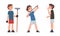 Boys and girl demonstrating good and bad behavior. Boys shooting with slingshot, smoking and working in garden cartoon