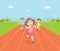 Boys and Girl Running Race Tracks of Stadium at Competition, Front View Vector Illustration